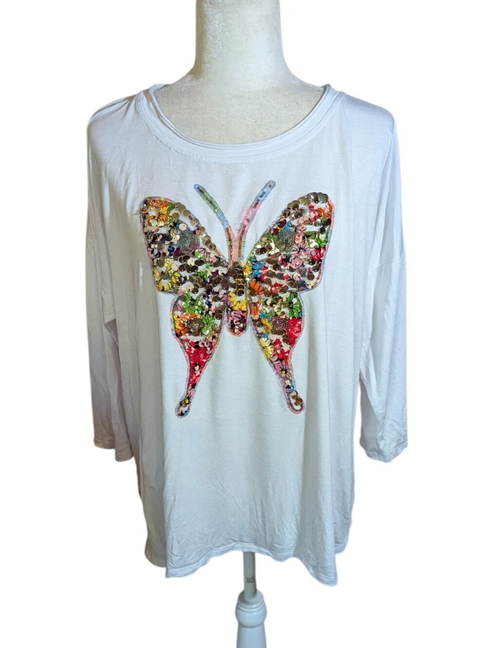 Boston Proper White Long Sleeve Viscose Top Multicolor Sequin Butterfly Sz XL